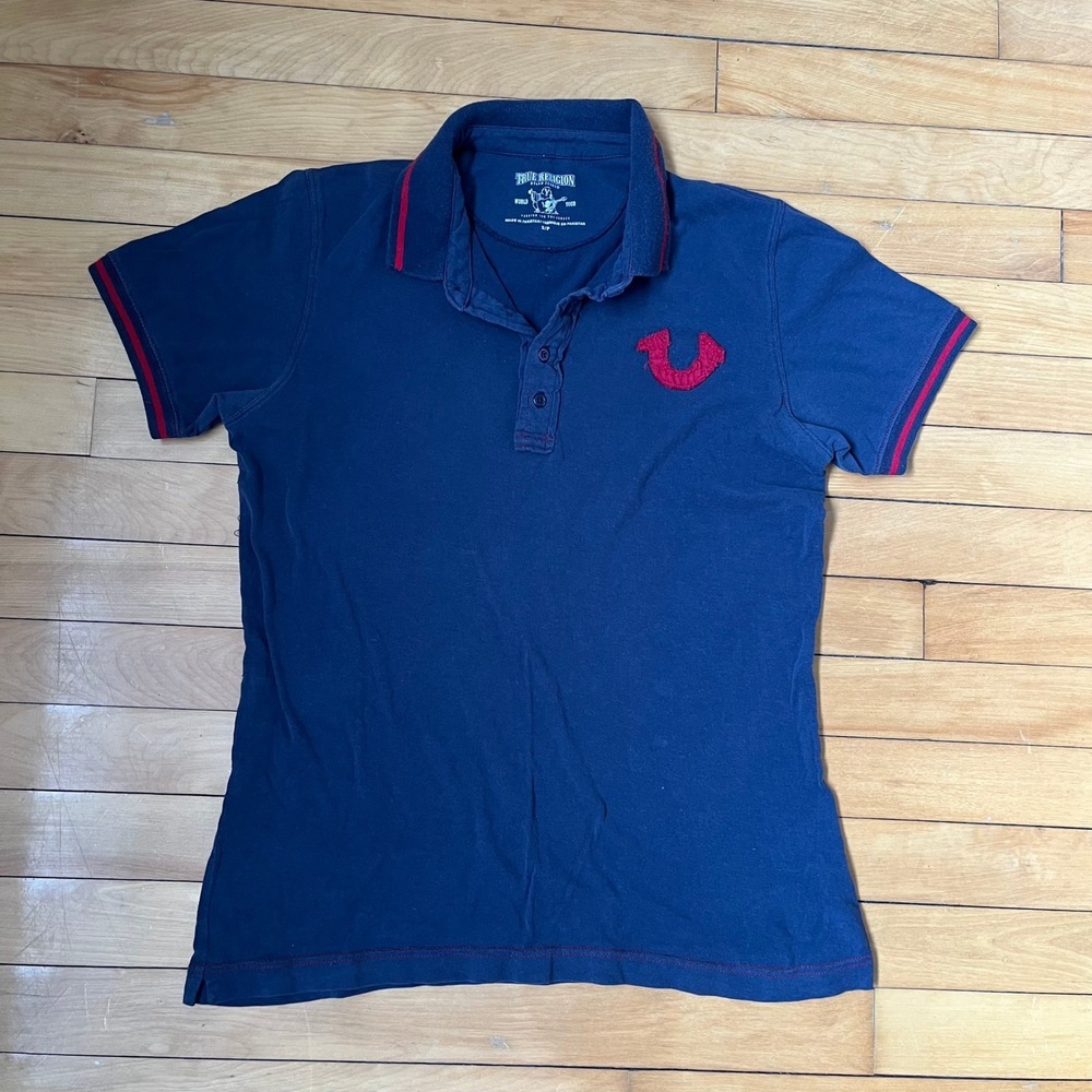 True Religion Mens Navy Blue Red Horseshoe Logo Short Sleeve Polo Shirt Small